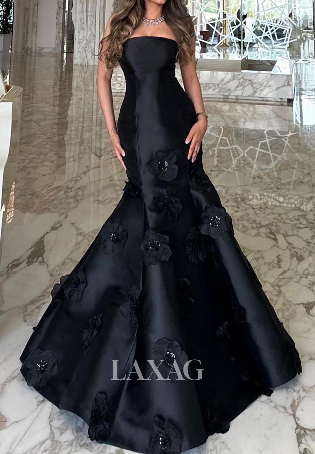 Off-Shoulder Sleeveless Satin Trumpet Mermaid Evening Dress Tube Top Floral Embellished Formal Gowns