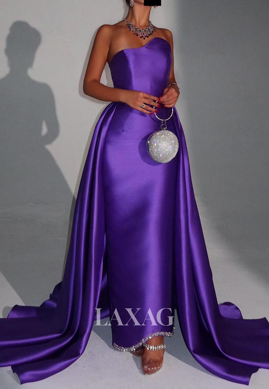 Simple Beaded Satin Mermaid Evening Dress Asymmetrical-Neck Sleeveless Formal Gowns with Train