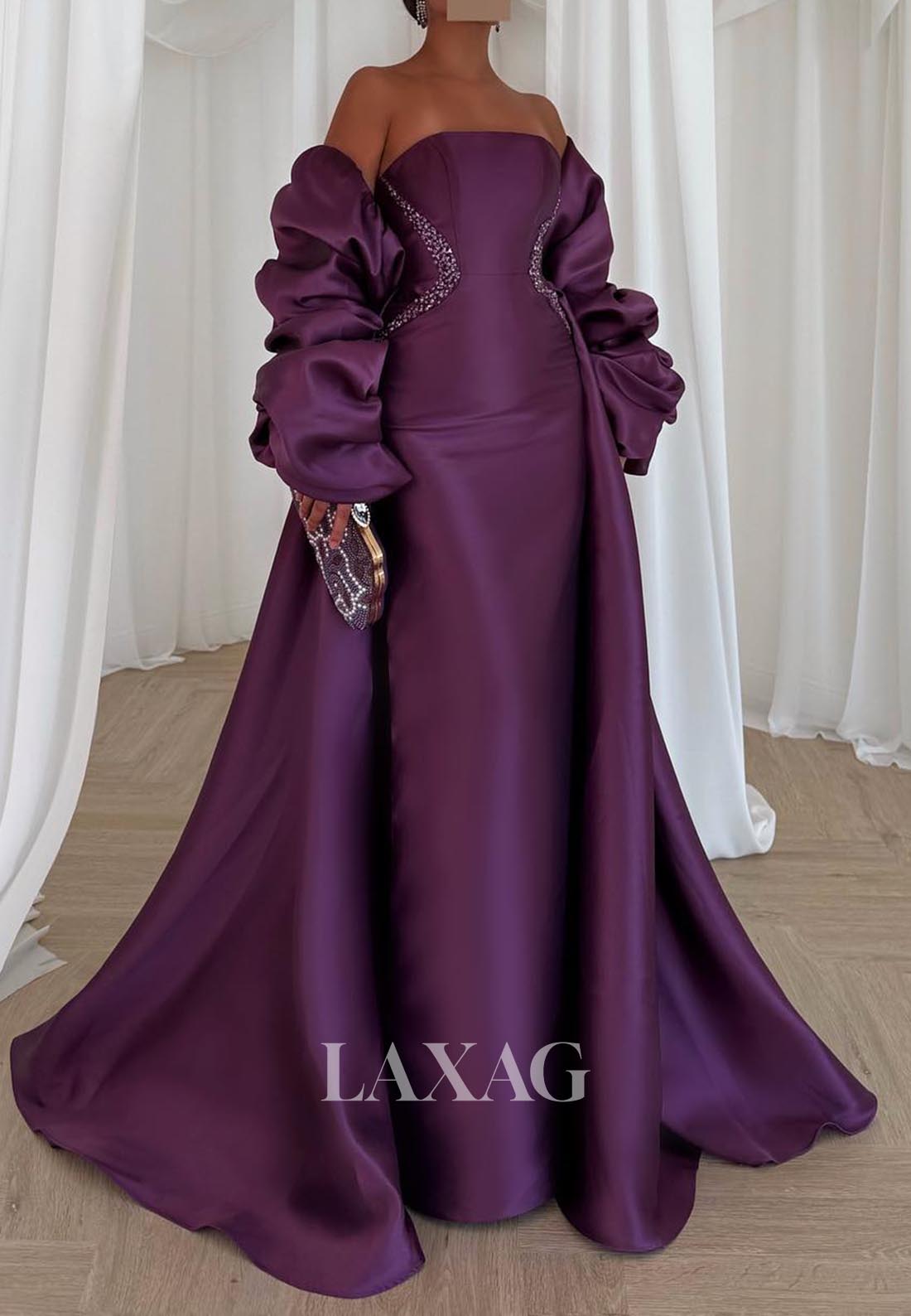 Tube Top Off-Shoulder Sleeveless Satin Formal Gowns Beaded Satin Evening Dress with Overlay