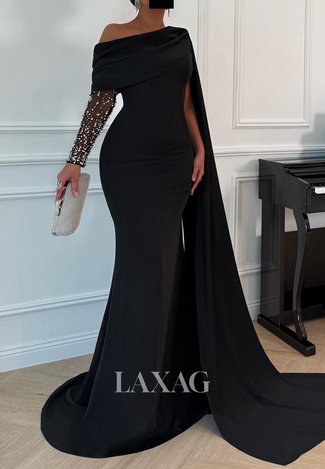 Asymmetrical-Neck Pleated Mermaid Evening Dress Beaded One-Long-Sleeve Satin Formal Gowns
