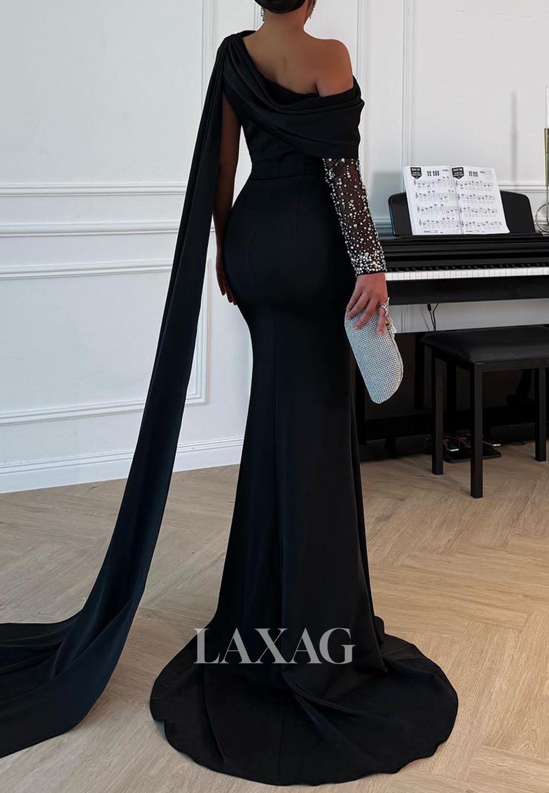 Asymmetrical-Neck Pleated Mermaid Evening Dress Beaded One-Long-Sleeve Satin Formal Gowns
