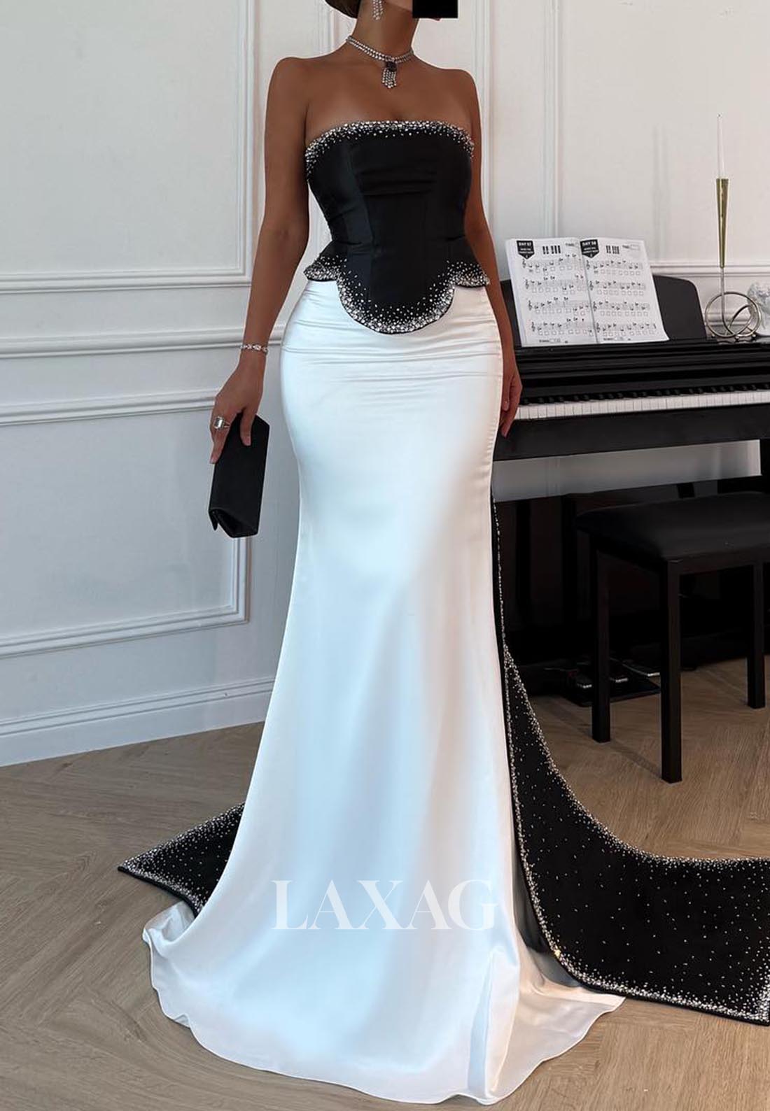 Tube Top Sleeveless Pleated Beaded Formal Gowns Two Tone Satin Sweep Train Mermaid Evening Dress
