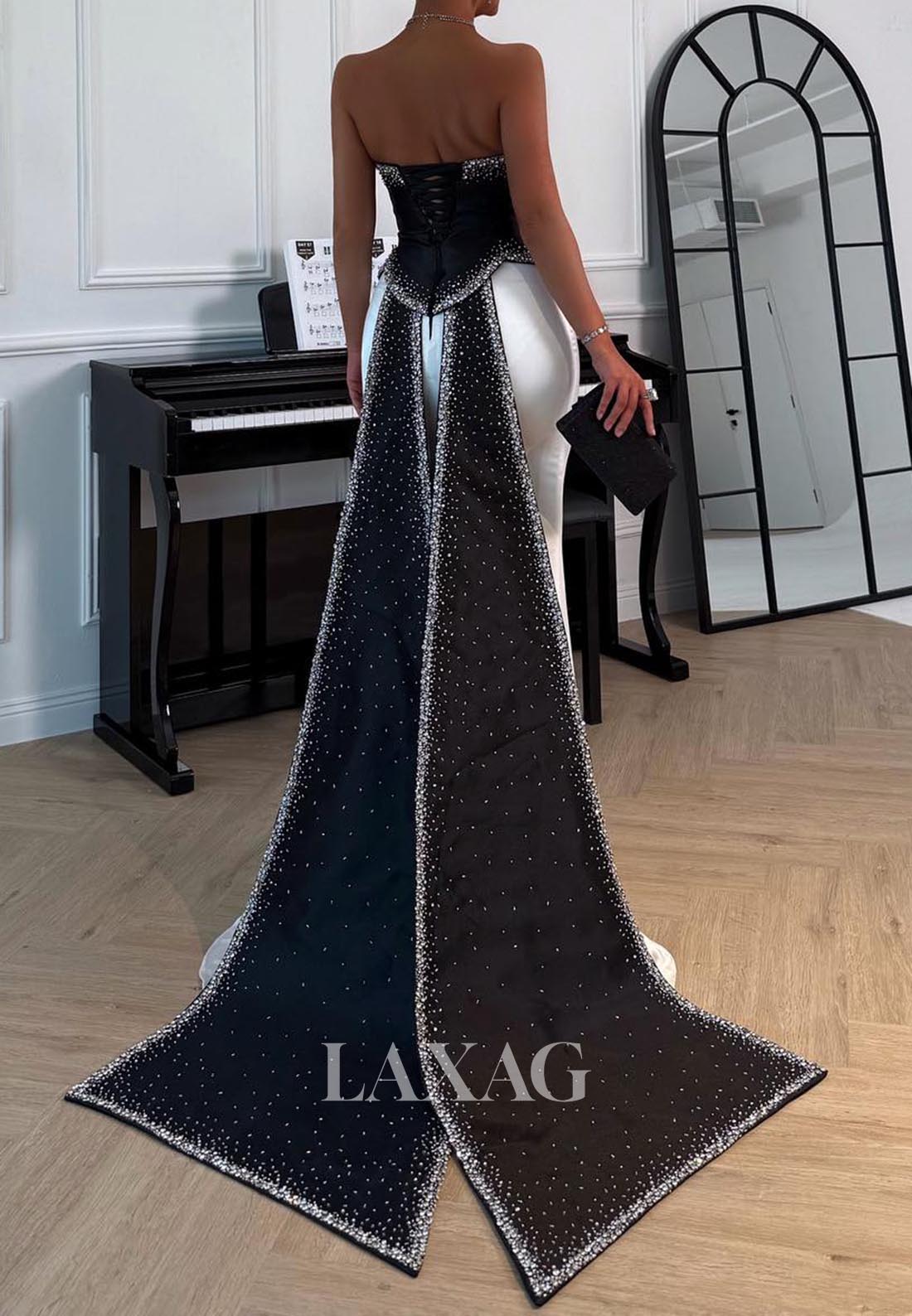 Tube Top Sleeveless Pleated Beaded Formal Gowns Two Tone Satin Sweep Train Mermaid Evening Dress