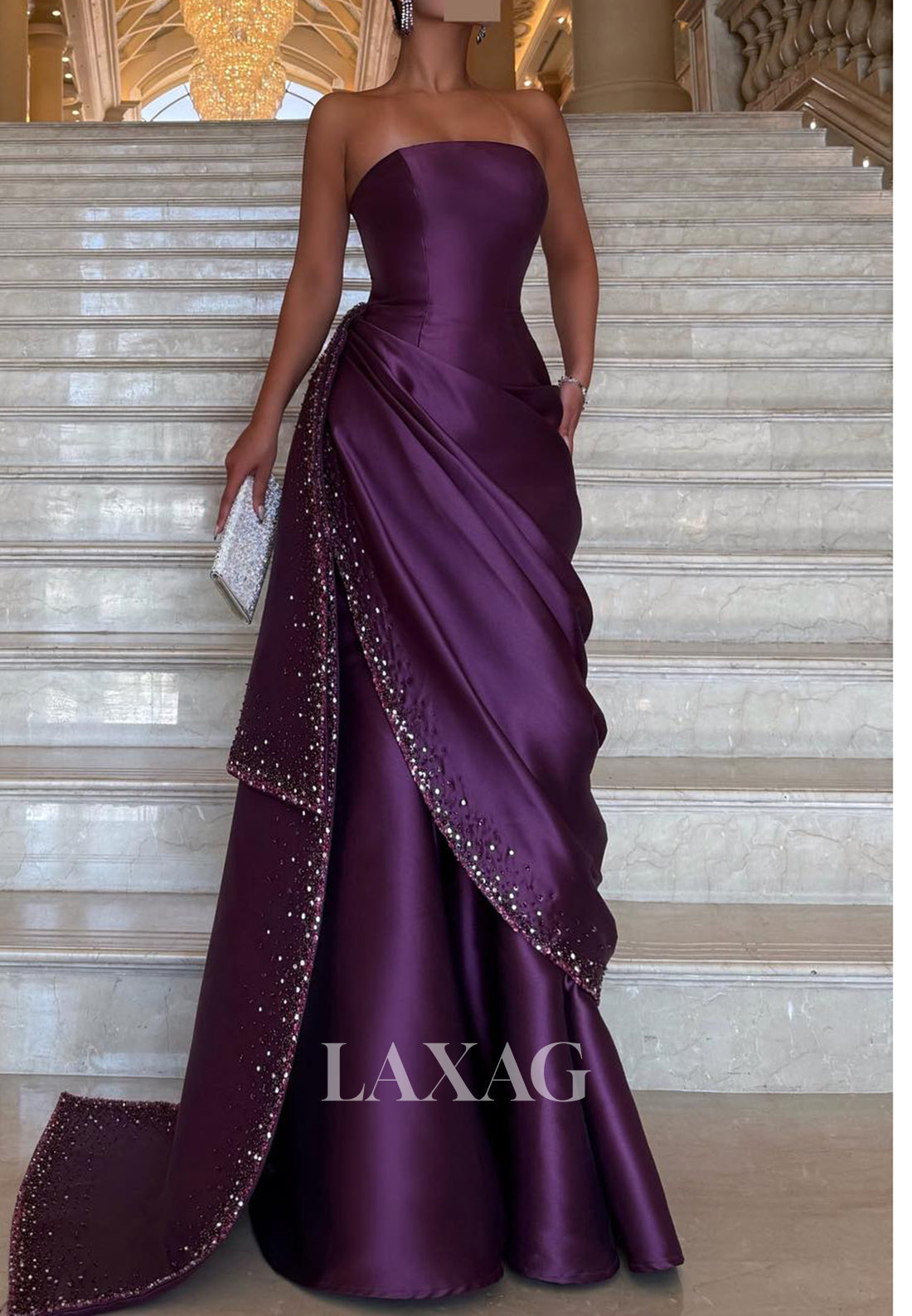 Tube Top Sleeveless Floor-Length Mermaid Evening Dress Beaded Pleated Satin Formal Gowns