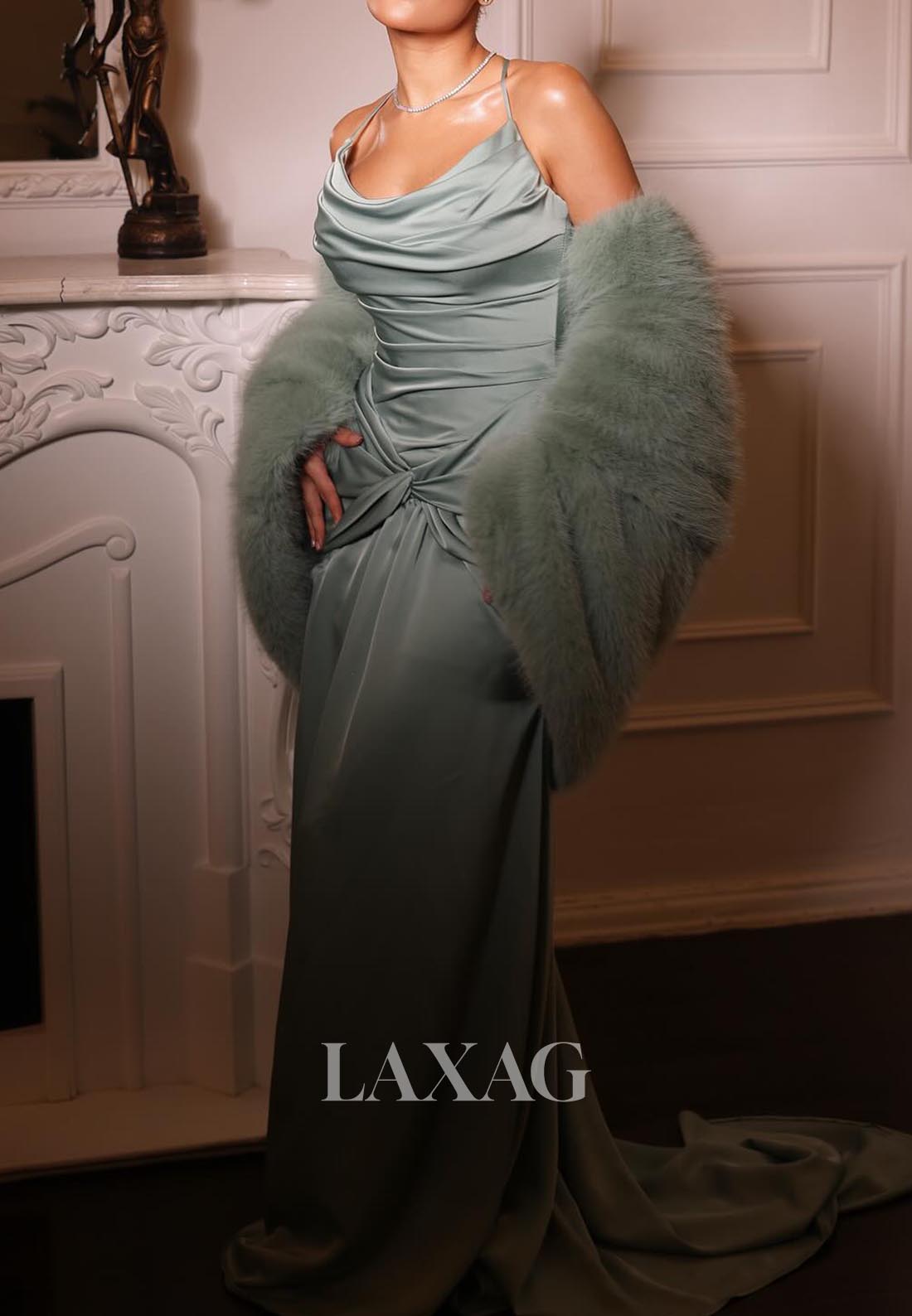 Scoop-Neck Spaghetti Straps Satin Mermaid Evening Dress Sleeveless Sweep Train Pleated Formal Gowns