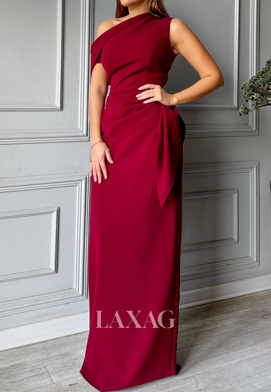 Asymmetrical-Neck Sleeveless Floor-Length Formal Gowns Pleated Satin Fitted Evening Dress