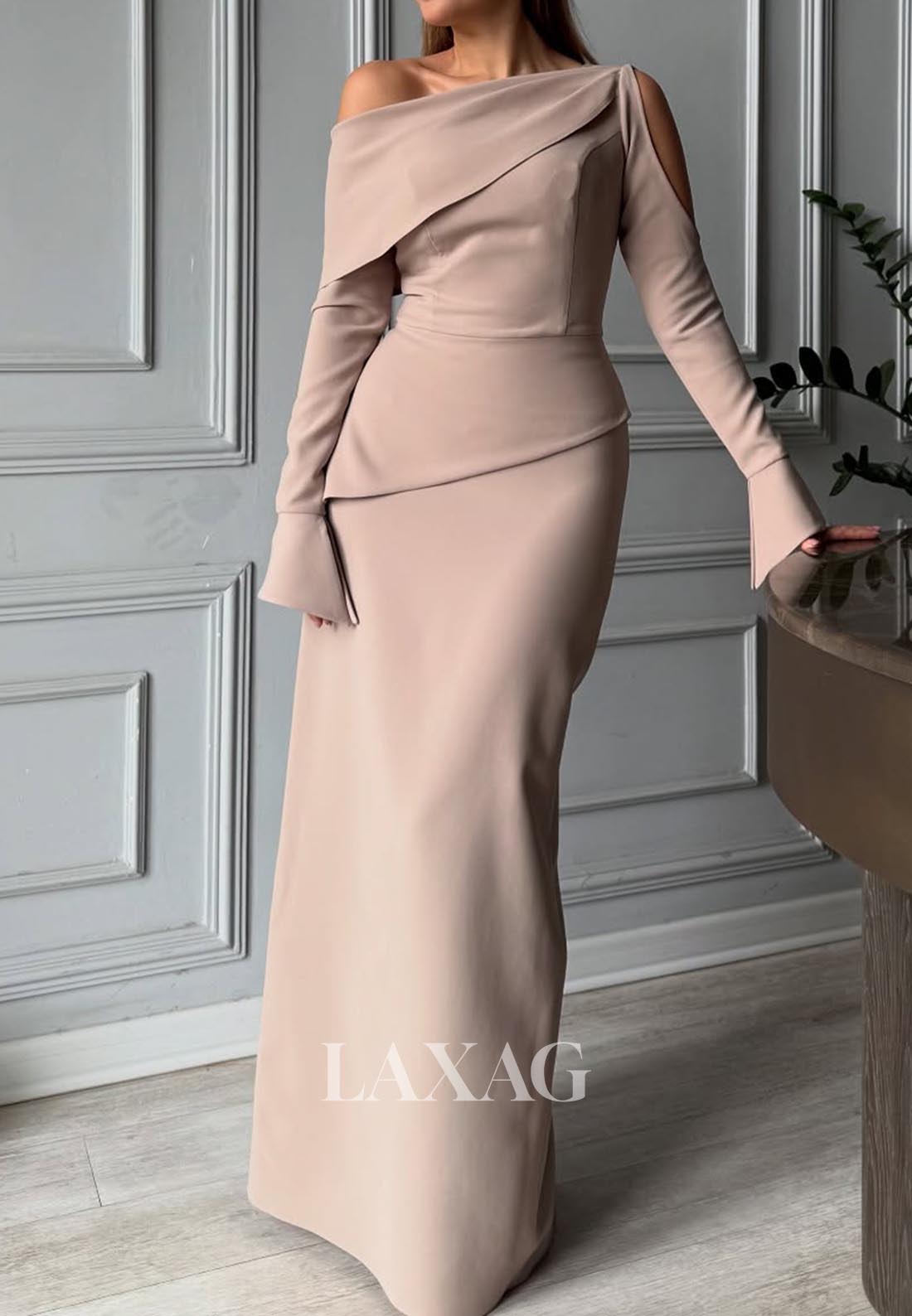 Off-Shoulder Asymmetrical-Neck Mermaid Evening Dress Long-Sleeves Floor-Length Formal Gowns