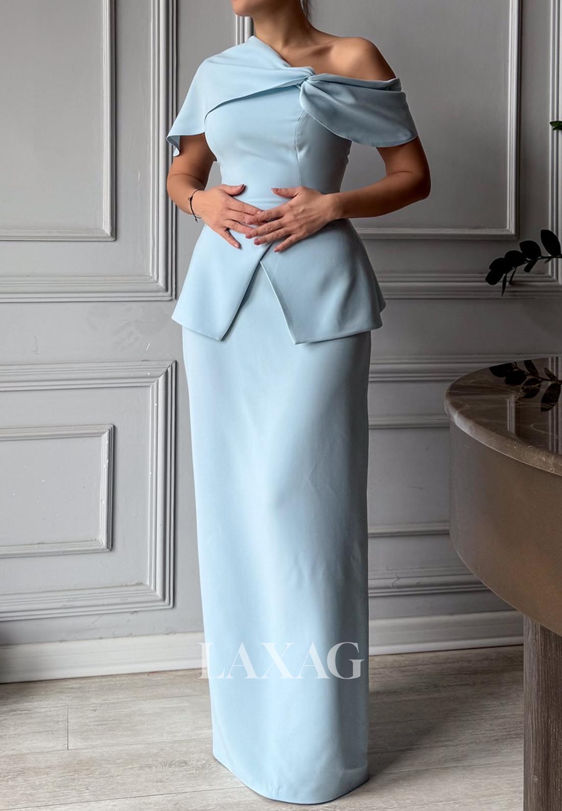 Asymmetrical-Neck Sleeveless Fitted Evening Dress Off-Shoulder Pleated Floor-Length Satin Formal Gowns