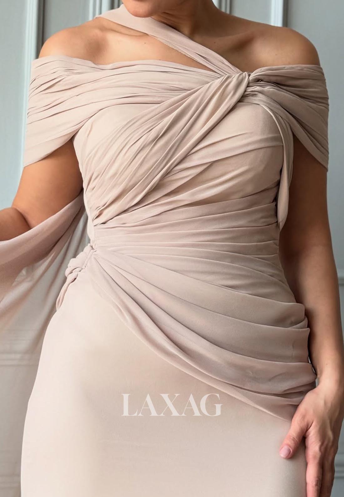 Asymmetrical-Neck Sleeveless Pleated Formal Gowns Chiffon Sweep Train Mermaid Evening Dress