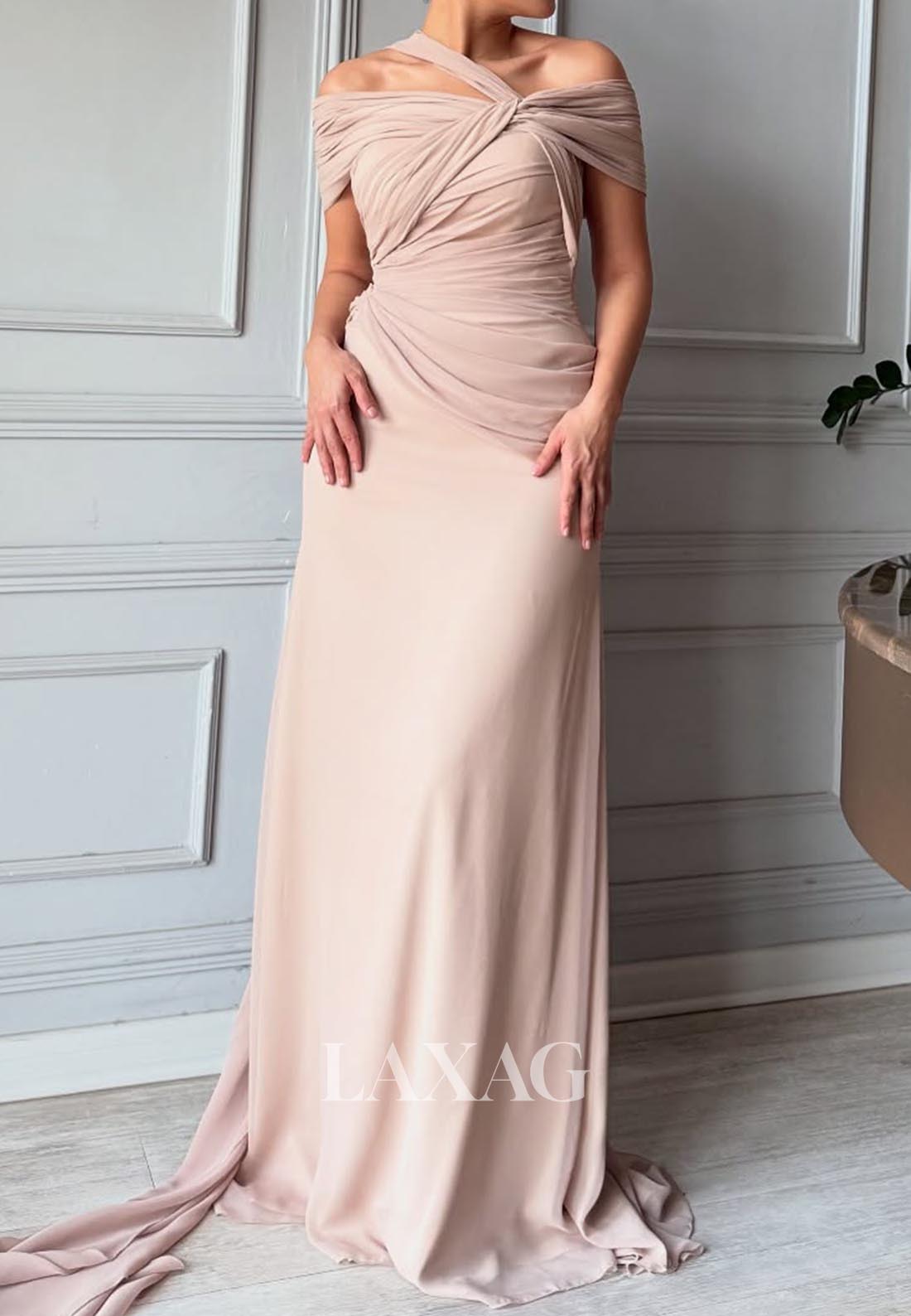 Asymmetrical-Neck Sleeveless Pleated Formal Gowns Chiffon Sweep Train Mermaid Evening Dress
