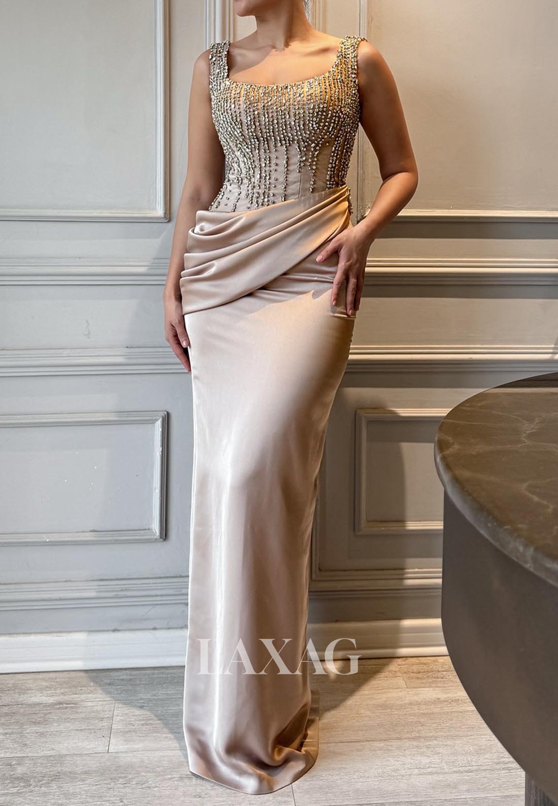 Square-Neck Sleeveless Floor-Length Mermaid Evening Dress Beaded Pleated Formal Gowns