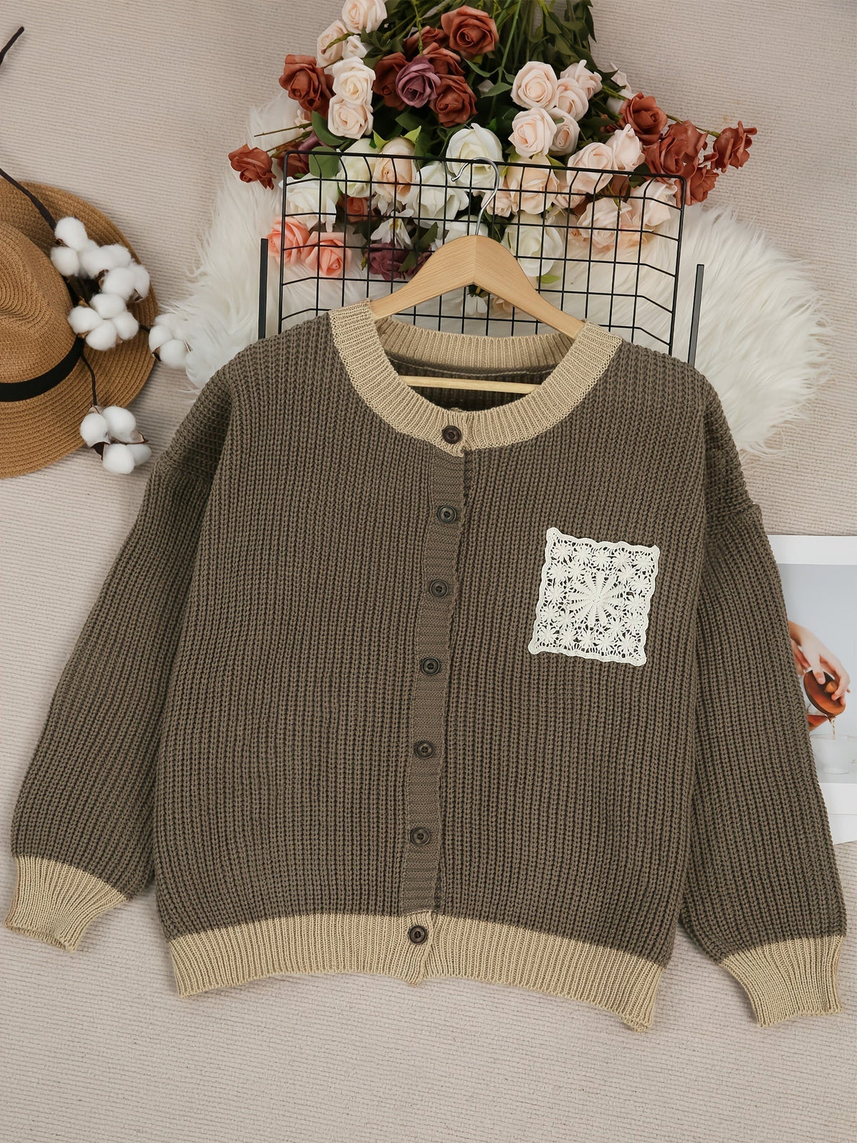 Round Neck Button Front Crochet Pocket Chunky Knit Cardigan