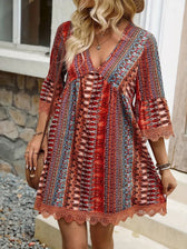 Boho Print Deep V-Neck Lace Trim Mini Dress 7