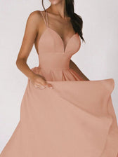 Satin Deep V-Neck Spaghetti Strap Fit and Flare Midi Dress 5