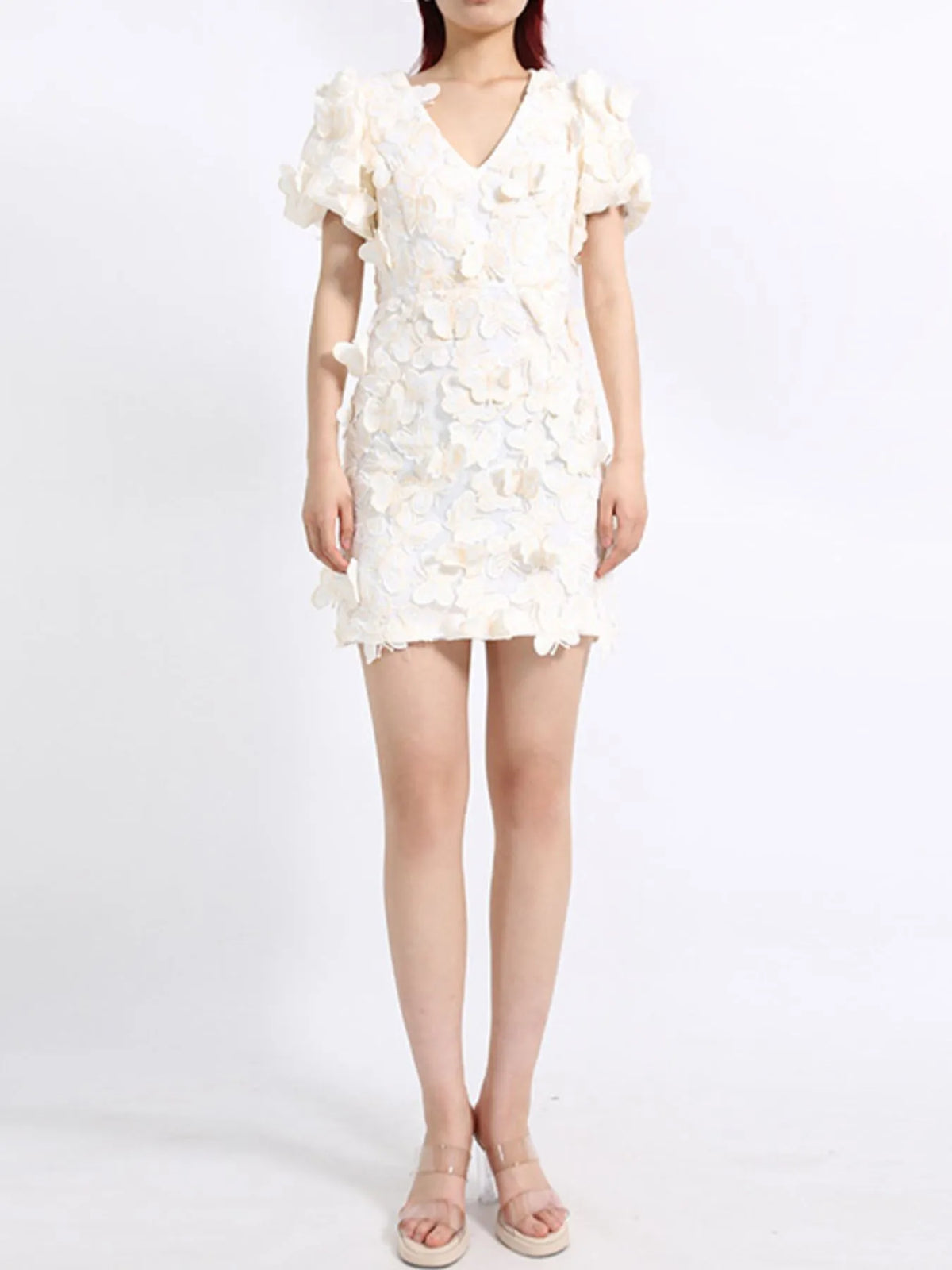 3D Butterfly Appliqué V-Neck Puff Sleeve Bodycon Mini Dress 8