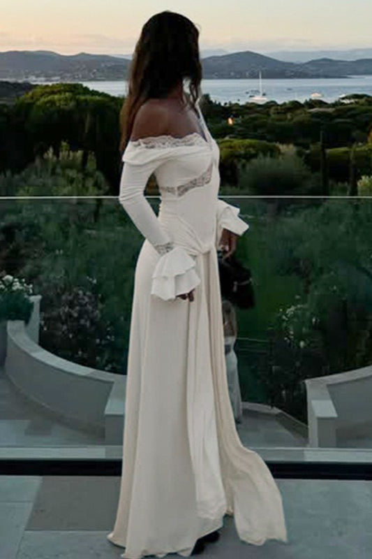 V-Neck Lace Trim Flounce Sleeve Tie Maxi Lace Dress