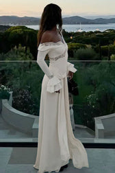 V-Neck Lace Trim Flounce Sleeve Tie Maxi Lace Dress