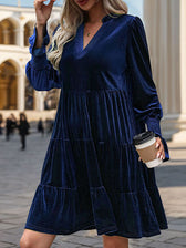 Velvet V-Neck Long Sleeve Tiered Mini Dress 16