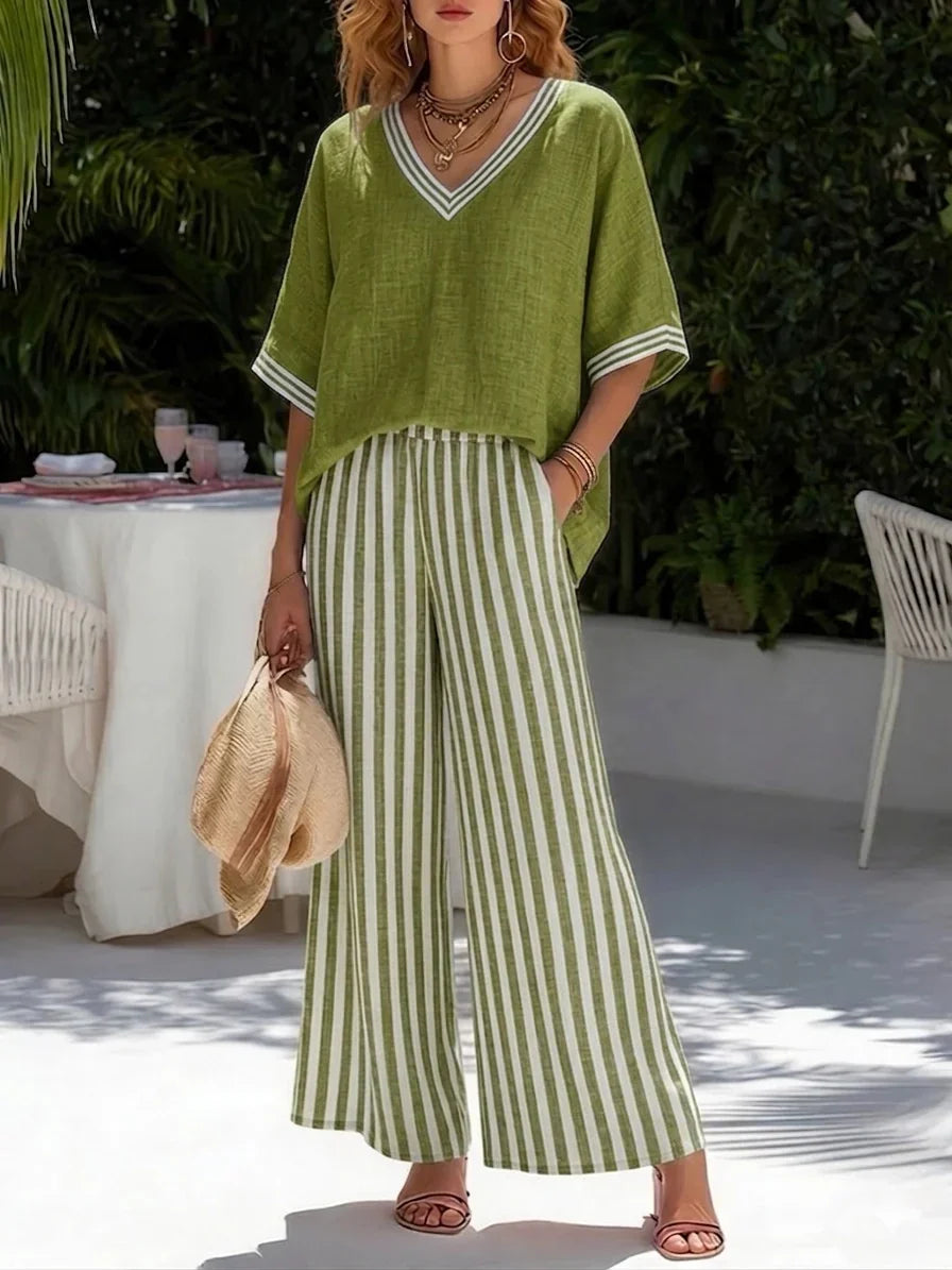 V-Neck Top and Striped Wide Leg Pants Two Piece Set