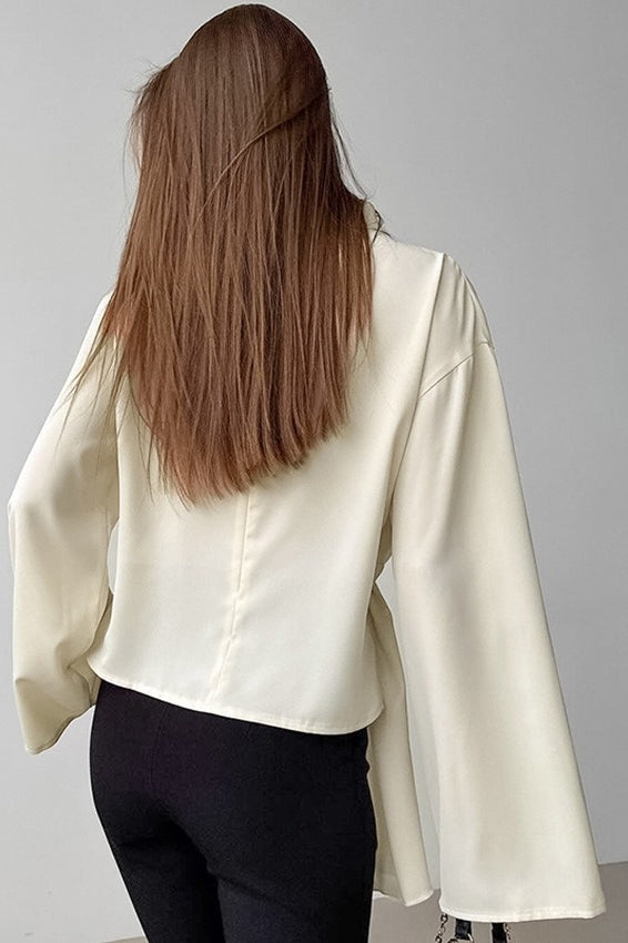 Chiffon Side Slit Tie Waist Long Sleeve Top