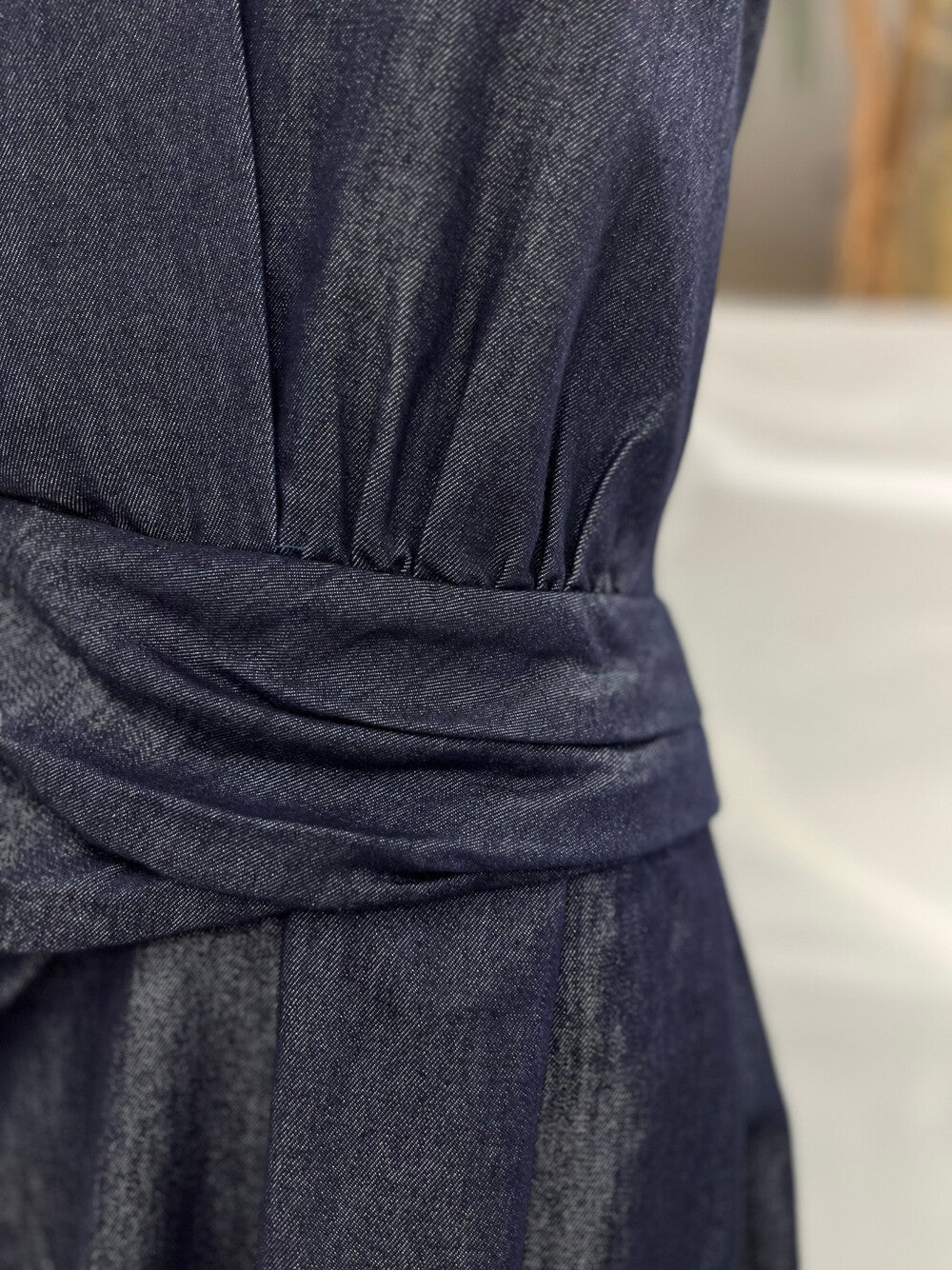 Denim Halter Neck Sleeveless Twist Waist Maxi Dress 18
