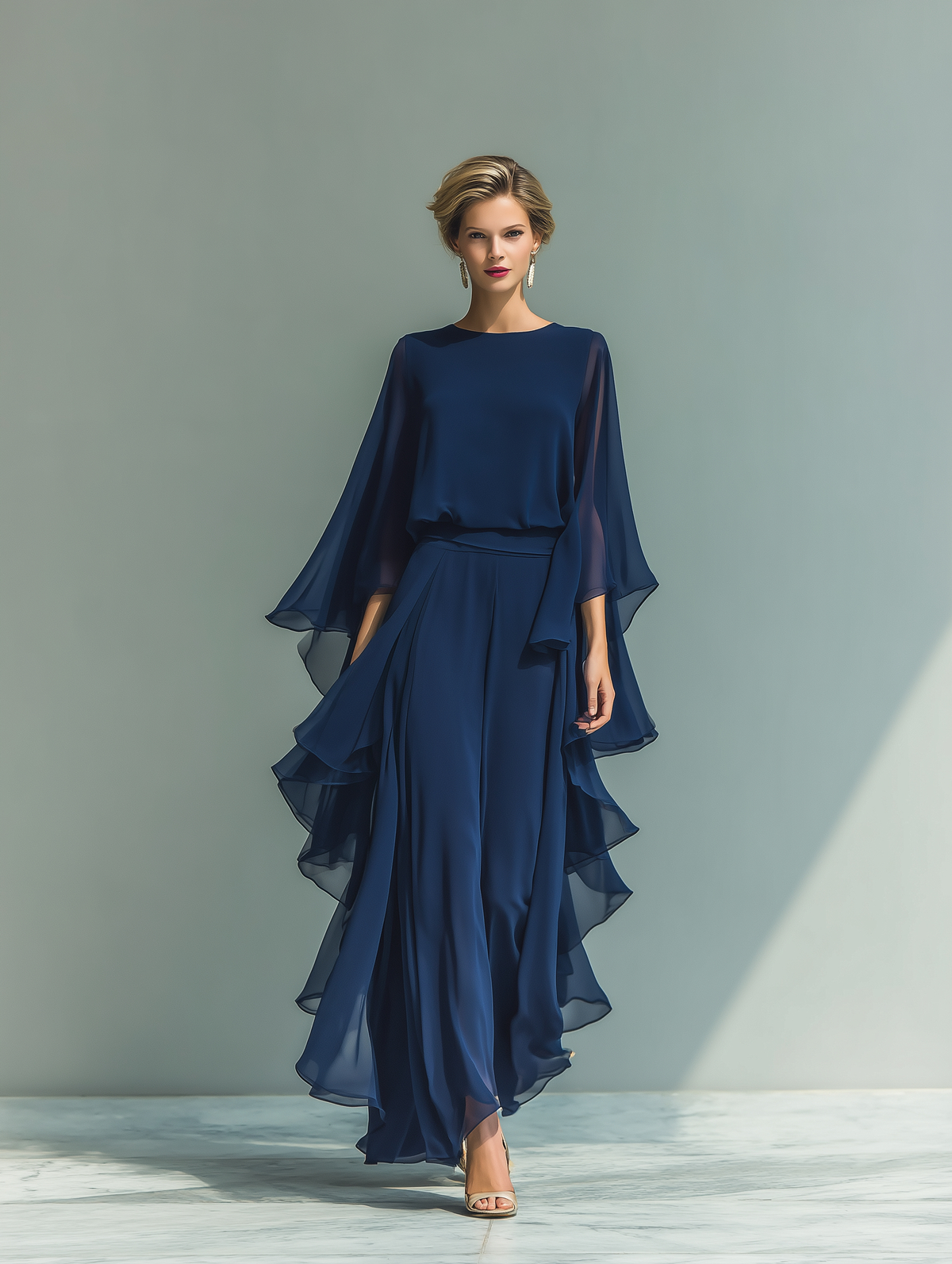 Round Neck Cape Sleeve Ruffle Chiffon Maxi Dress 3