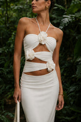 3D Floral Waist Cinch Cutout Halter Maxi Slip Dress