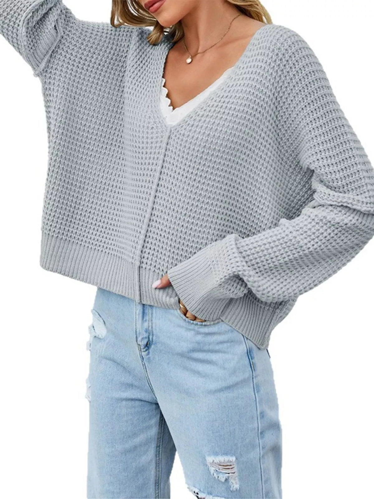 V-Neck Waffle Knit Drop Shoulder Exposed Seam Long Sleeve Sweater 3