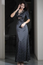 Lace Trim V-Neck Polka Dot Fit Floor Lace Dress