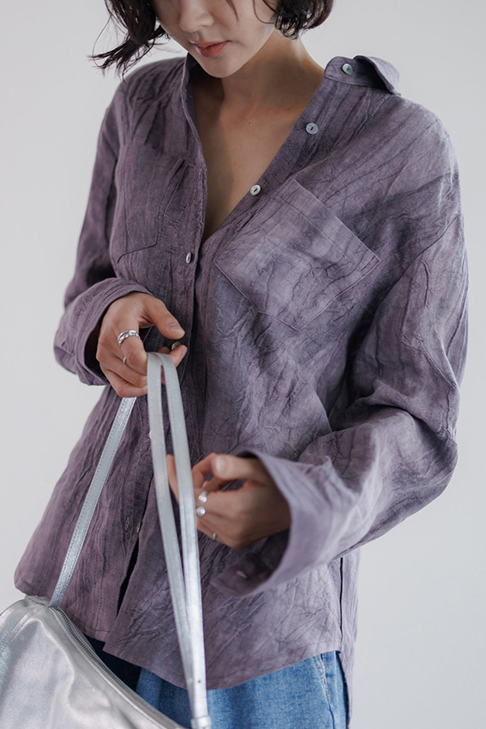 Crinkle Texture Collared Long Sleeve Twin Pocket Button Front Shirt