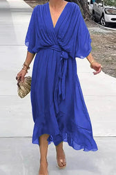 Solid Color V-neck Bat Sleeve Lace-up Irregular Hem Midi Dress - View 15