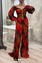 Sunset Serenade Printed Off Shoulder Diamond Maxi Dress - View 2