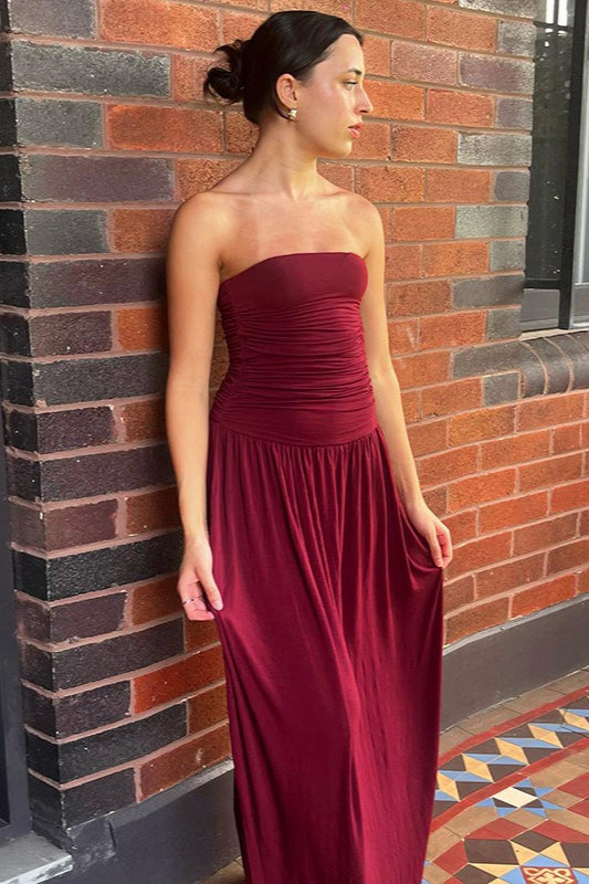 Strapless Ruched Flowy Maxi Formal Dress
