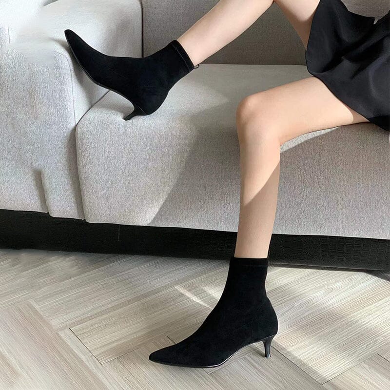 Classic Point Toe Sock Boots High Heel Stretch Boots��Elastic Suede Handmade Black/Brown