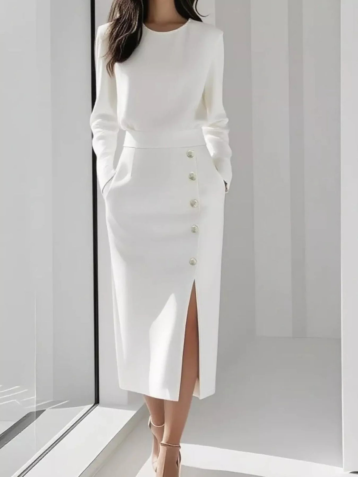 Round Neck Long Sleeve Button Detail Side Split Midi Dress 7