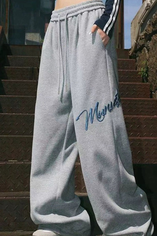 Script Embroidered Drawstring Waist Baggy Wide Leg Sweatpants