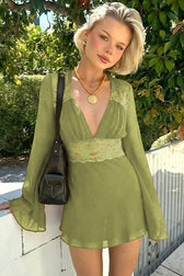 Lace Trim Deep V Mesh Flared Sleeve Fit Lace Dress