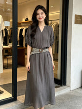 V-Neck Short Sleeve Crinkle Loose Maxi Dress 11
