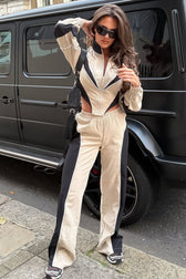 Color Block Zip Irregular Long Sleeve Sports Two Piece Set