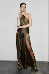 Metallic Pleated Slit Tie Halter Sleeveless Formal Dress