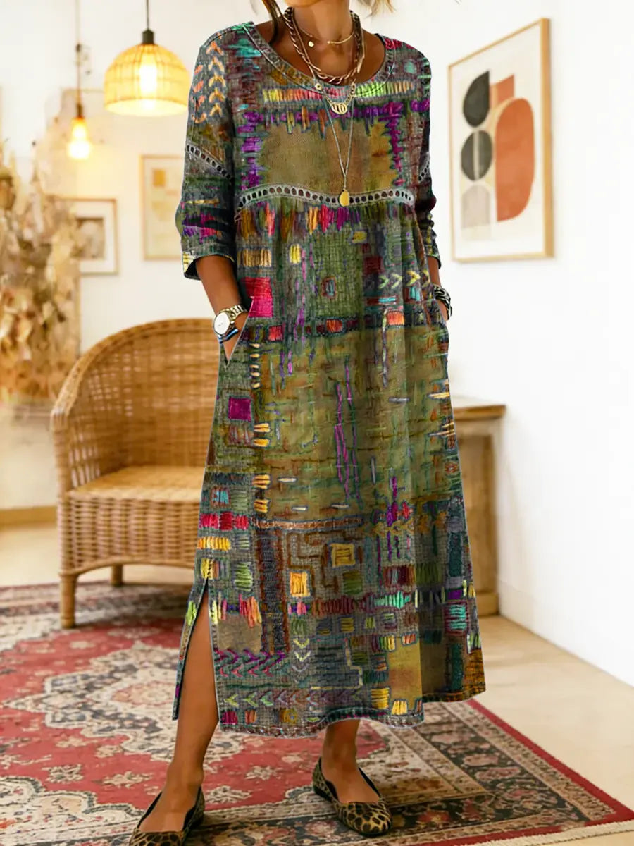 Patchwork Print Round Neck Pocket A-Line Maxi Dress