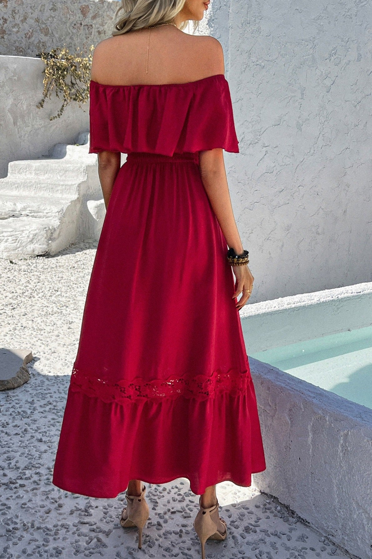 Casual Off Shoulder Waist Cinched Boho Dress