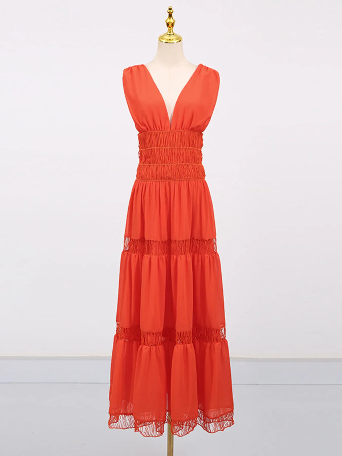 Deep V-Neck Sleeveless Smocked Waist Ladder Trim Tiered Maxi Dress 14