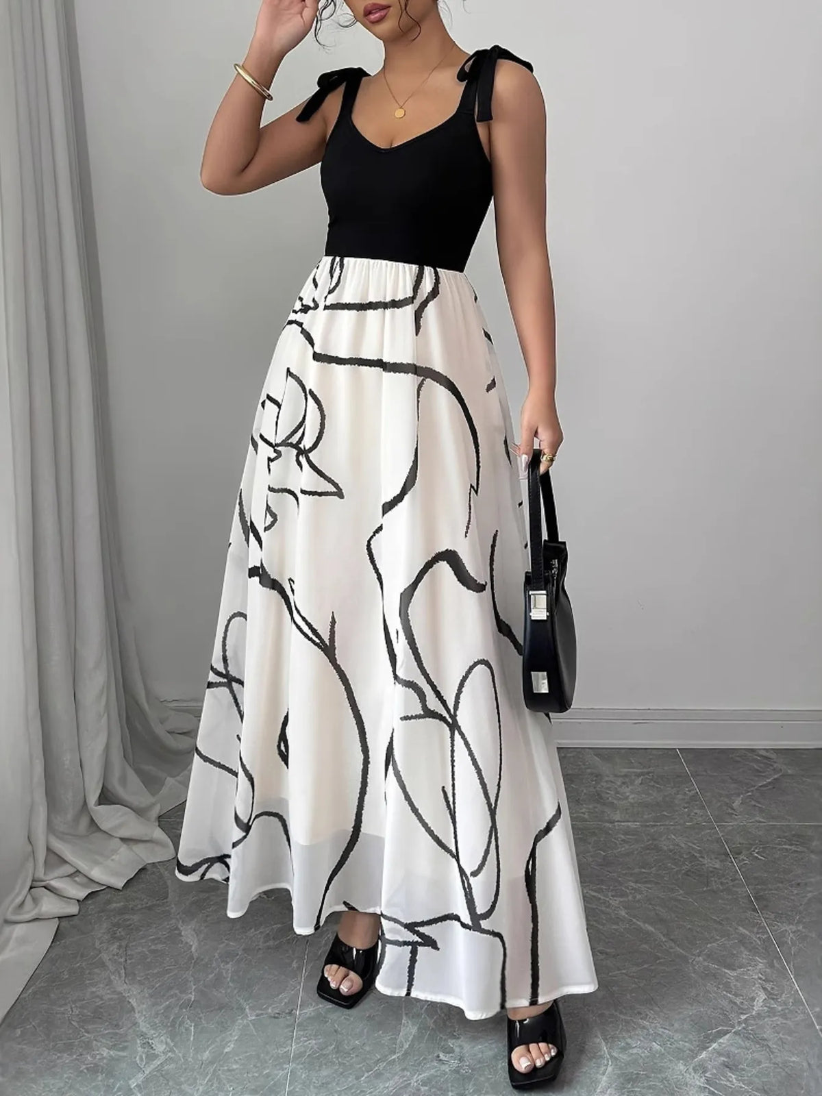 Abstract Line Print Tie Shoulder Contrast Bodice A-Line Maxi Dress 3