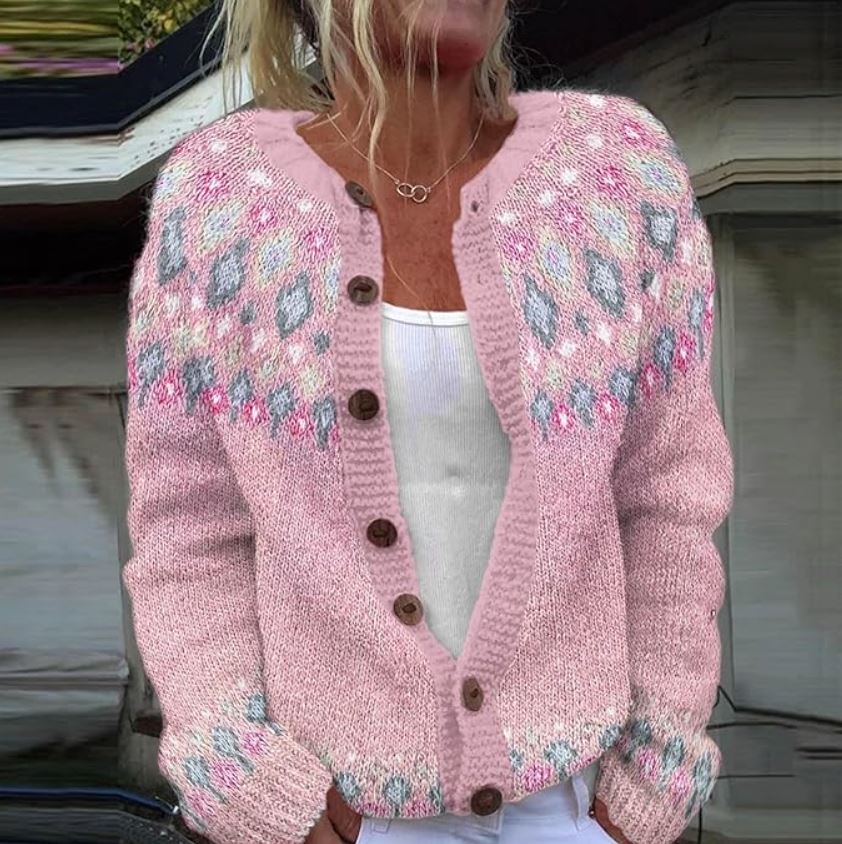 Fair Isle Crew Neck Button Front Cardigan