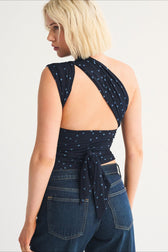Retro Contrast Halter Mesh Panel Crop Top