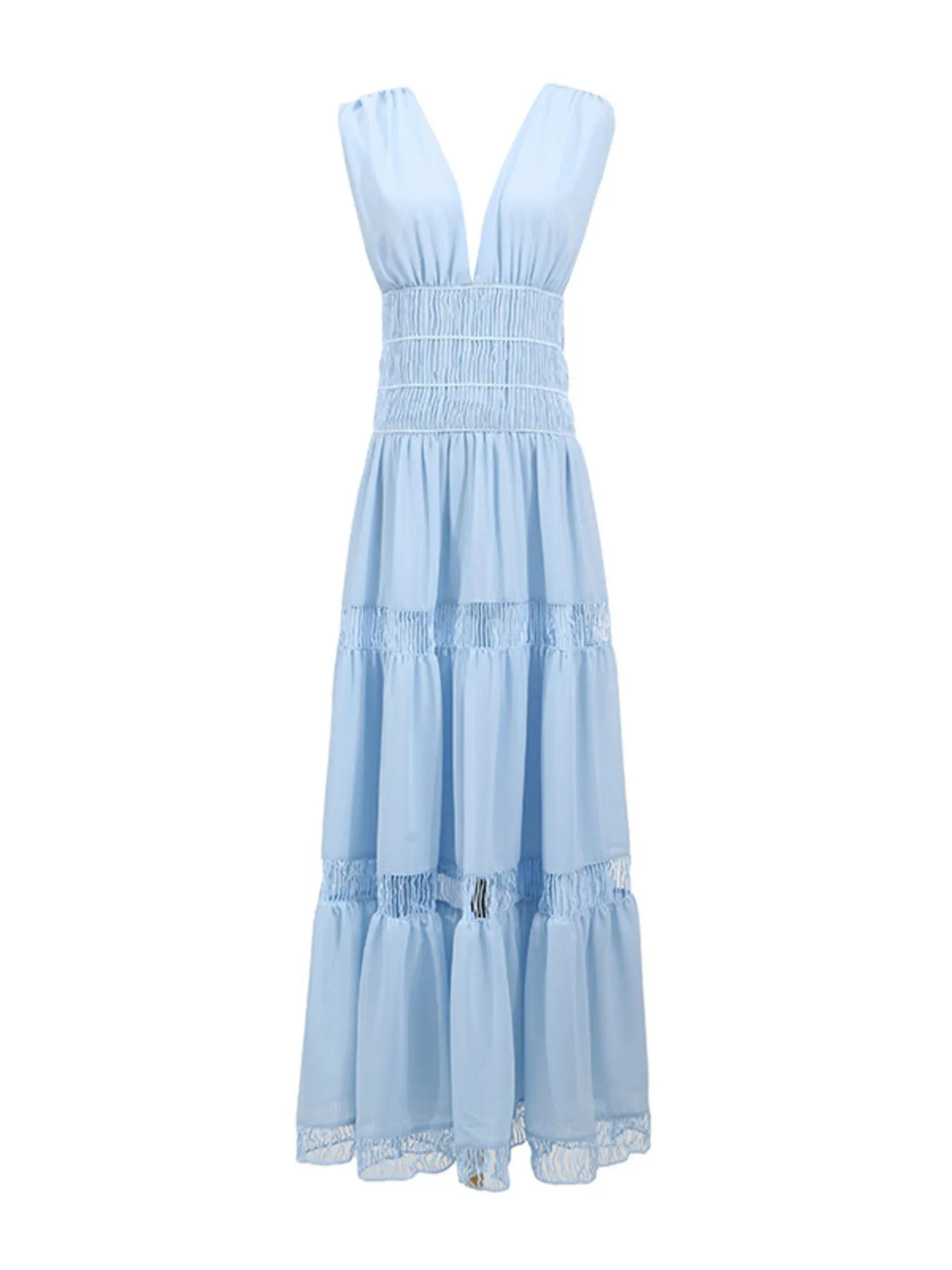Deep V-Neck Sleeveless Smocked Waist Ladder Trim Tiered Maxi Dress 10