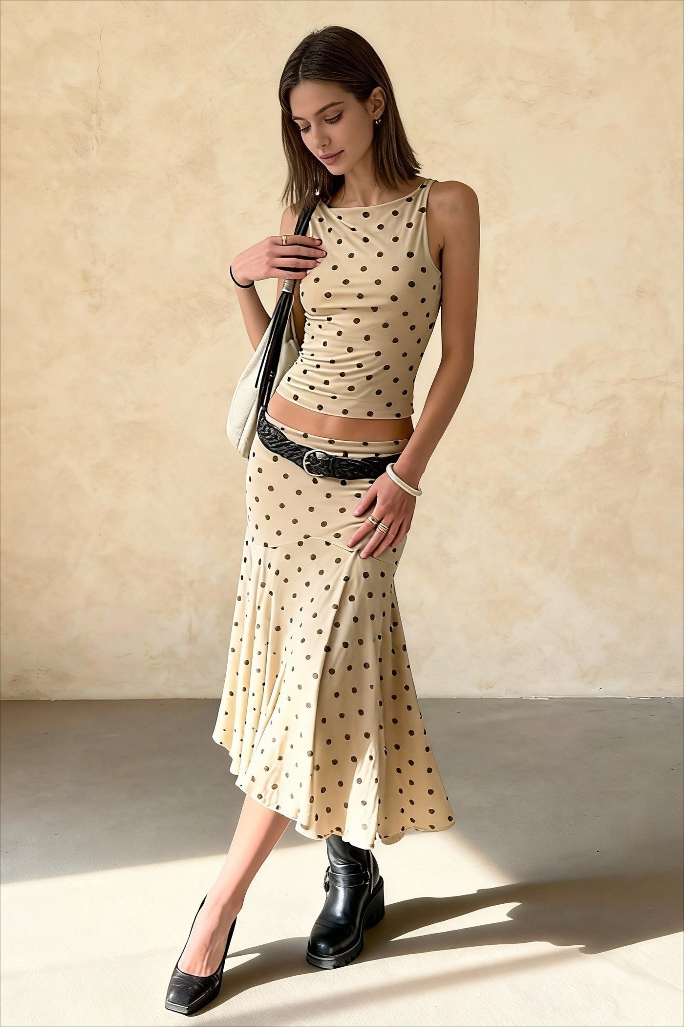 Polka Dot Ruched Maxi Two Pieces Set