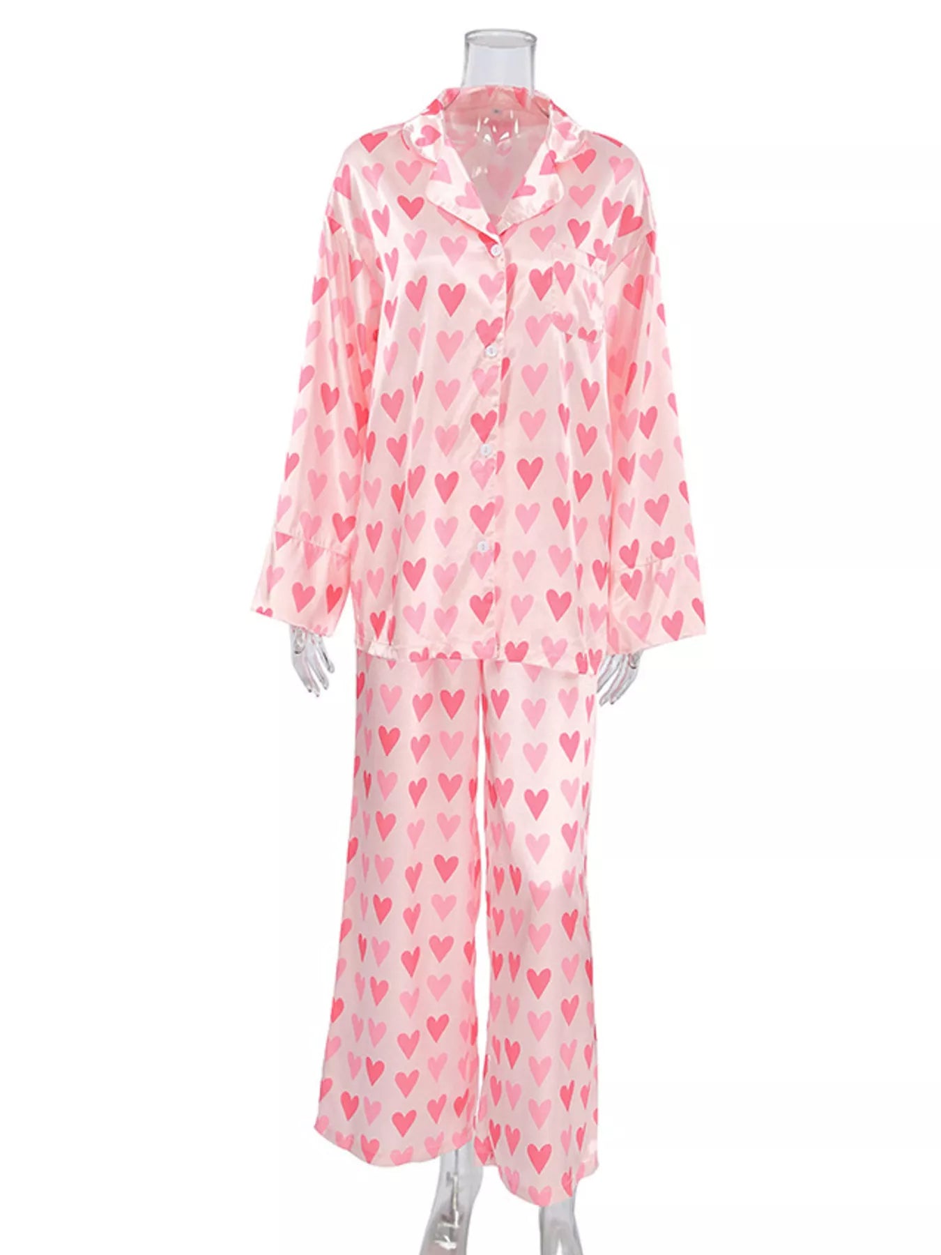 Heart Print Button Up Top and Pants Lounge Set