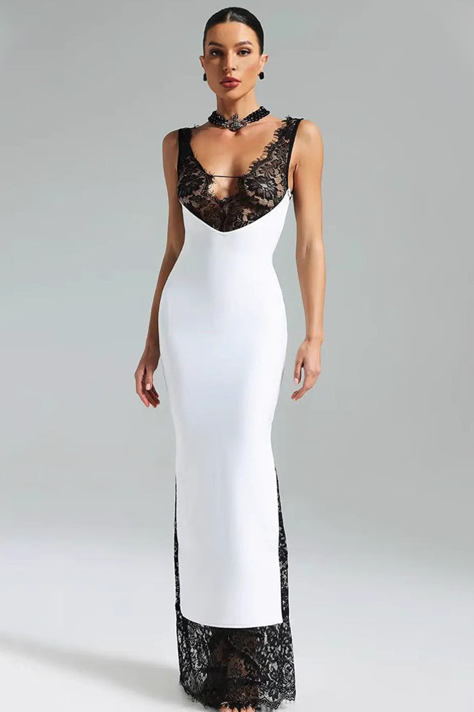 V-Neck Lace Panel Bodycon Mini Lace Dress